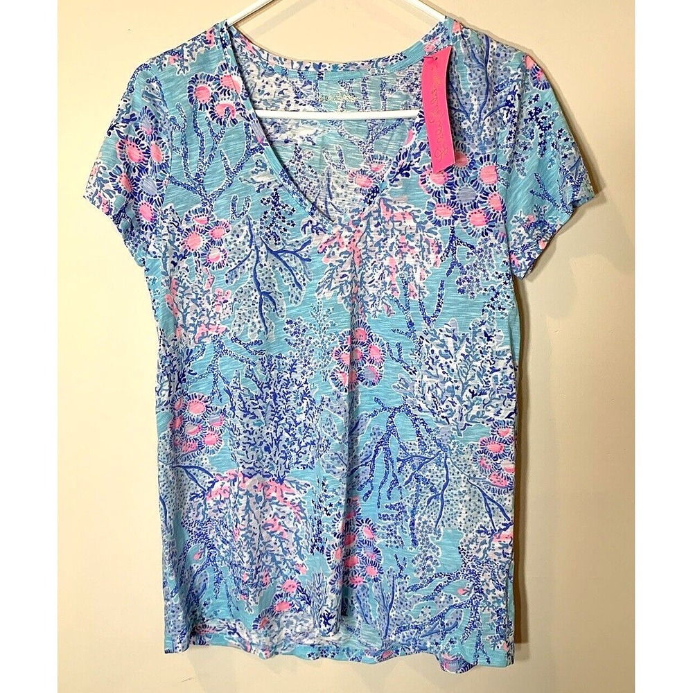 NEW Lilly Pulitzer Top Womens S Etta V-Neck Tee Blue Ibiza Now You Sea Me wTAG
